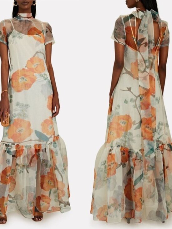 STAUD Calluna Poppy Floral Print Organza Tie Back Maxi Gown Dress - Picture 11 of 12